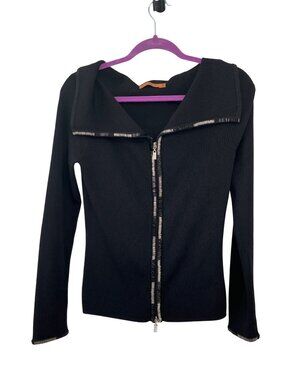 Belldini Black Zip Sweater Womens M Sequin Trim Stretch Used